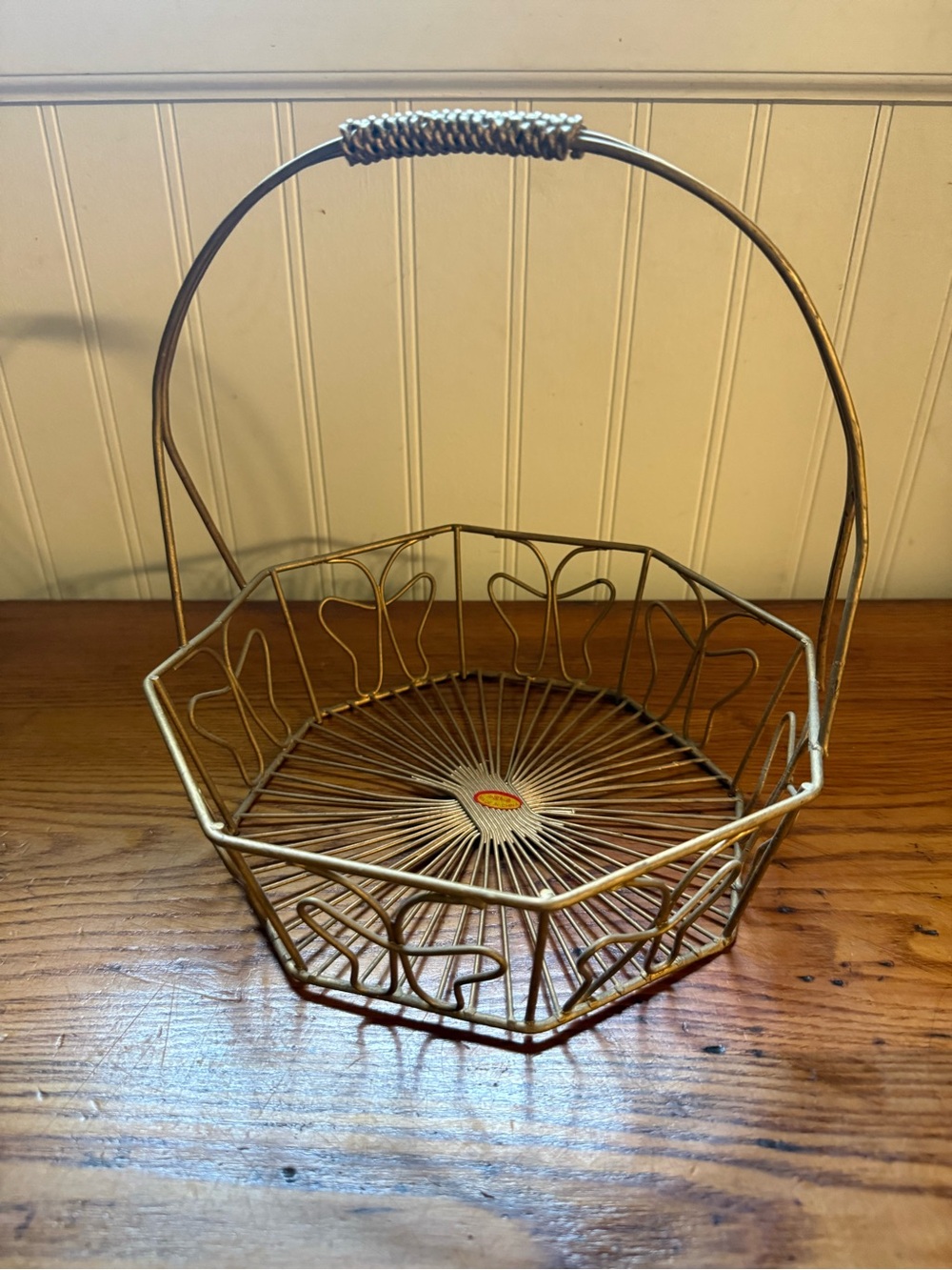 Vintage MCM Gold Wire Octagonal Butterfly Basket with Handle